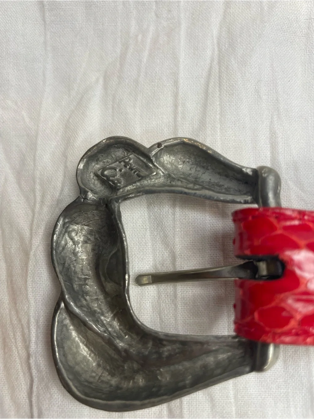 Vintage CIA Genuine Red Snakeskin Belt USA Sculptural Pewter Buckle Small